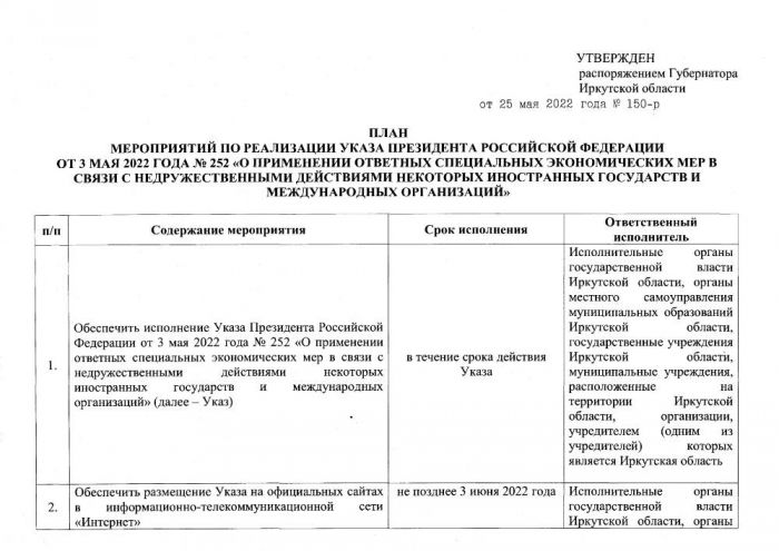 Распоряжение Губернатора Иркутской области от 25.05.2022 №150-р